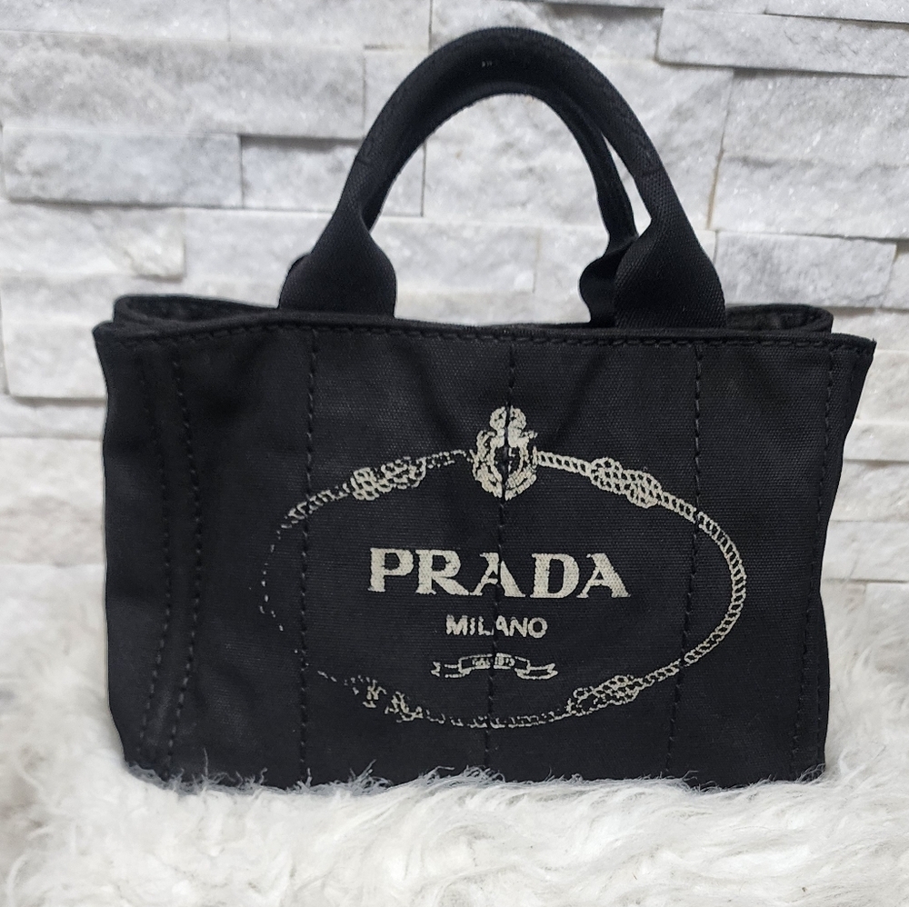 Prada Black Canvas Tote with White Logo